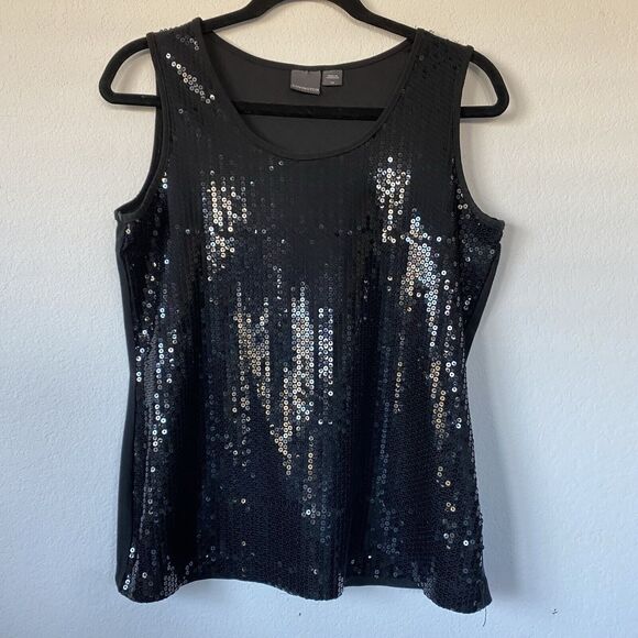 Covington Womens Black Sleeveless tank top Al Over Front Sequins Size Small‎ - Picture 1 of 11